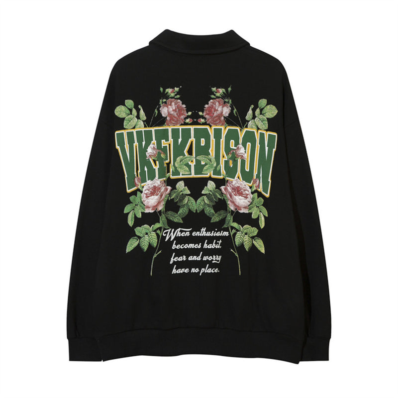 Men Hoodie Rose Flower Letter Print Sweatshirt Men's Loose Lapels Half Zip Pullover