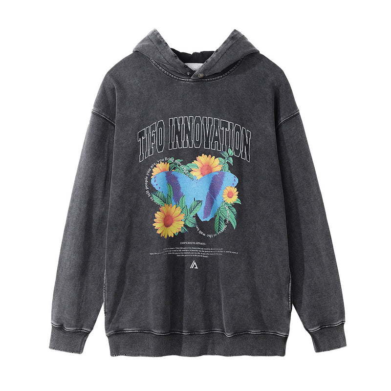 Men Hoodie Washed and Worn Chrysanthemum Printed Hoodie Hip Hop Casual American Style Loose Hand Frayed Hoodies