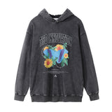 Men Hoodie Washed and Worn Chrysanthemum Printed Hoodie Hip Hop Casual American Style Loose Hand Frayed Hoodies
