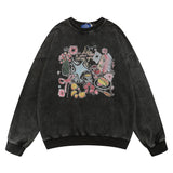 Men Hoodie Washed Distressed Printed Sweater Men's round Neck Loose Crew Neck Top Spring and Autumn