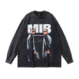 Men Long Sleeve Shirt Cartoon Animation Washed Long Sleeve T-shirt Men and Women Street Distressed