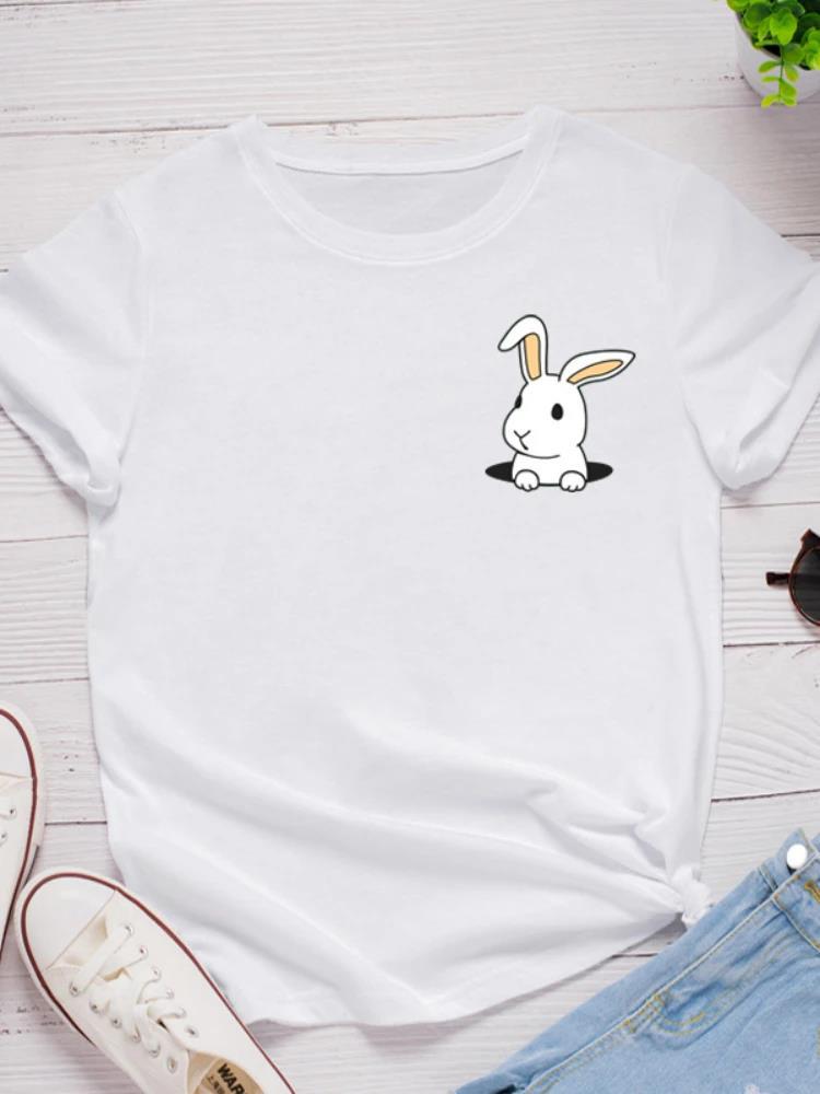 Pocket Bunny Print Women T Shirt Short Sleeve O Neck