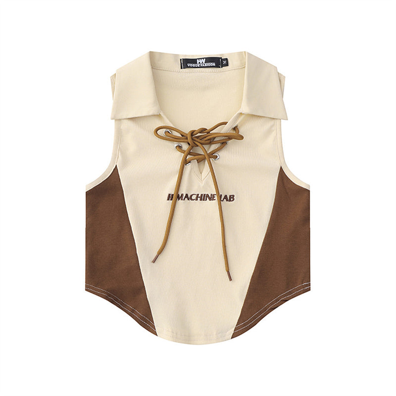 Women Vest Polo Collar Lace Color Block Vest Women's Summer Sleeveless Top