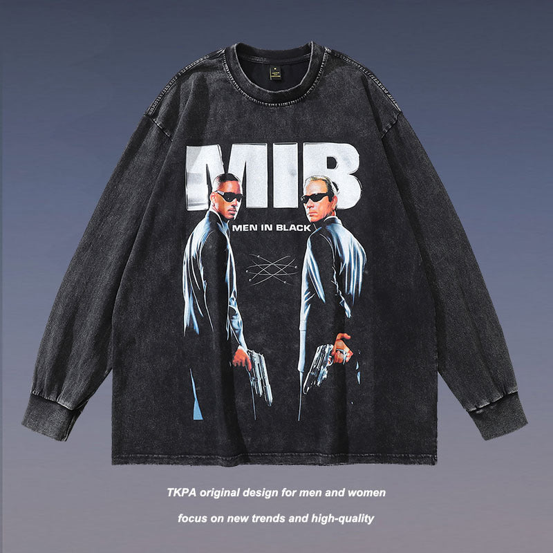 Men Long Sleeve Shirt Washed Long Sleeve T-shirt Men and Women Distressed All-Matching