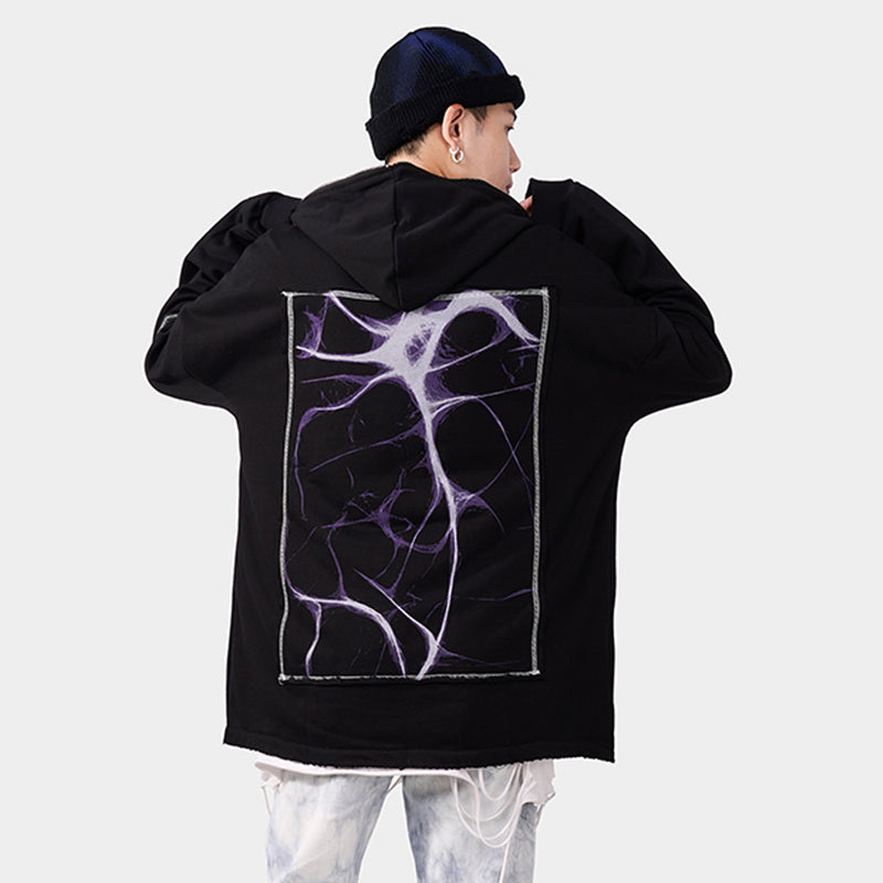 Men Hoodie Lightning Print Hooded Cardigan Sweater Loose Letter Zipper Hooded Jacket