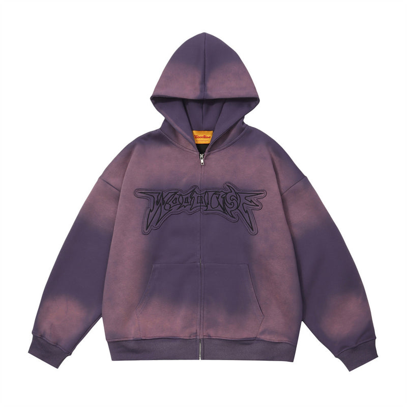 Men Hoodie Inkjet Gradient Printing Hooded Jacket Autumn and Winter Loose Embroidered Letters Zipper Cardigan Sweater