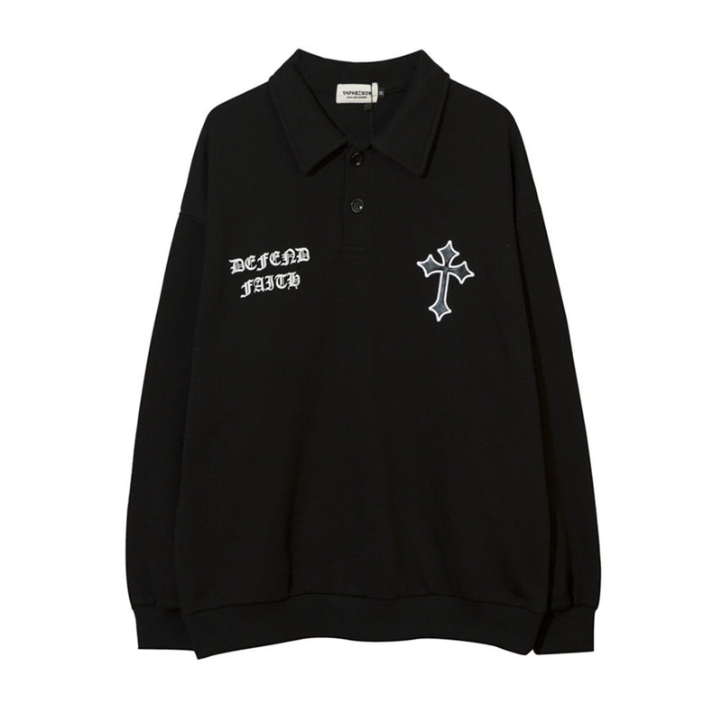 Men Hoodie Cross Printing Lapel Sweater Men's Loose Long Sleeve Polo Collar Pullover