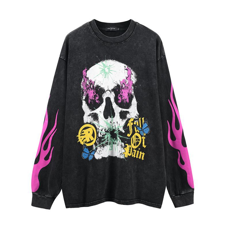 Men Long Sleeve Shirt Skull Flame Distressed Washed Long Sleeve T-shirt for Men and Women