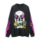 Men Long Sleeve Shirt Skull Flame Distressed Washed Long Sleeve T-shirt for Men and Women