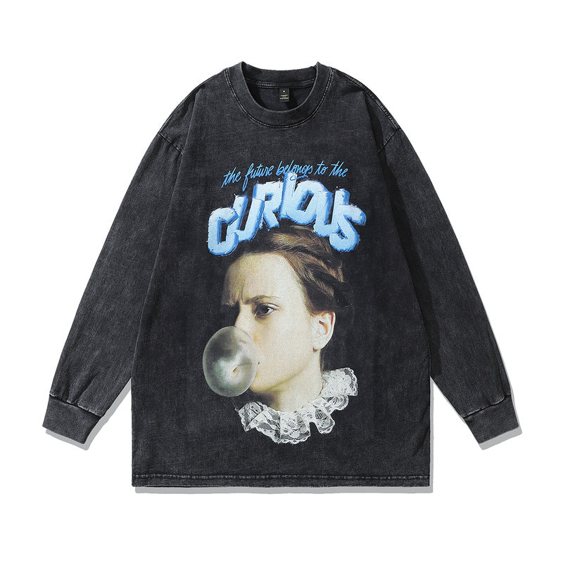 Men Long Sleeve Shirt Printed Washed and Worn T-shirt with Long Sleeves Hoodie Men and Women