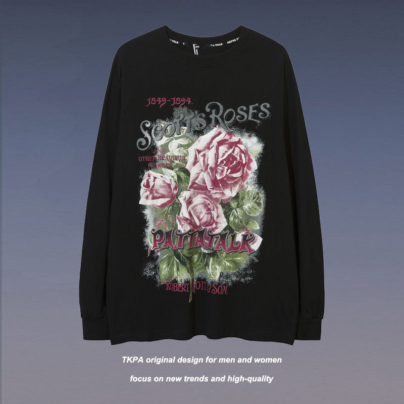 Men Long Sleeve Shirt Rose Printed Long Sleeve T-shirt Men's and Women's Ins Sweater