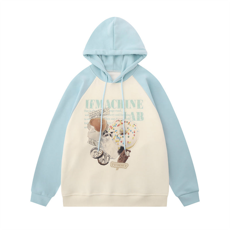 Men Hoodie Kitten Printed Hoodie Men's Color Contrast Patchwork Raglan Sleeve Pullover Hoodie