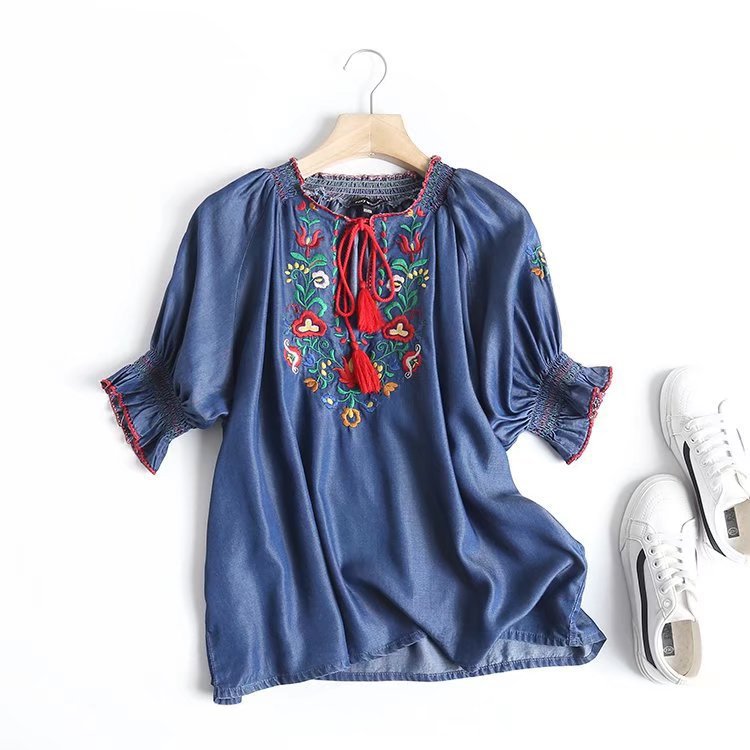 Women T-Shirt Summer Collar Lace-up Embroidery Tencel Denim Shirt