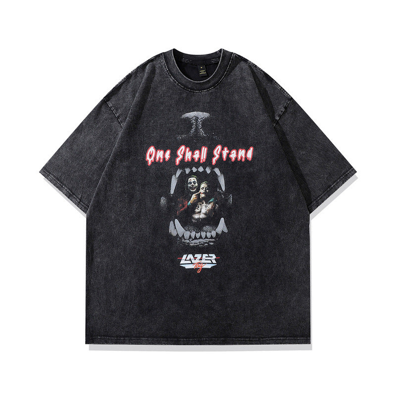 Men's T Shirt Printed Distressed round Neck Short Sleeve T-shirt Men's and Women's Retro Vibe