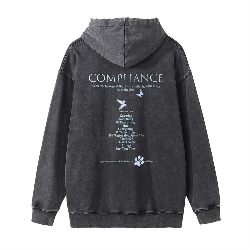 Men Hoodie Dog Printed Hoodie Men's Loose Wash Distressed Worn Pullover Side Pocket Hoodie