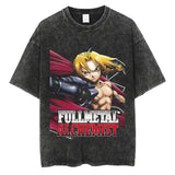 Vintage Black Washed Cotton Tees Shirts Anime Graphic
