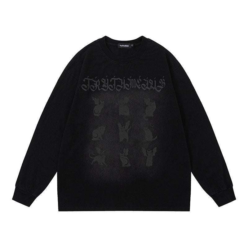 Men Long Sleeve Shirt Dark Graffiti Retro Loose Long Sleeve Bottoming T-shirt for Men and Women