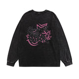 Men Long Sleeve Shirt Flame Print Washed Distressed Long Sleeve T-shirt Men and Women Ins