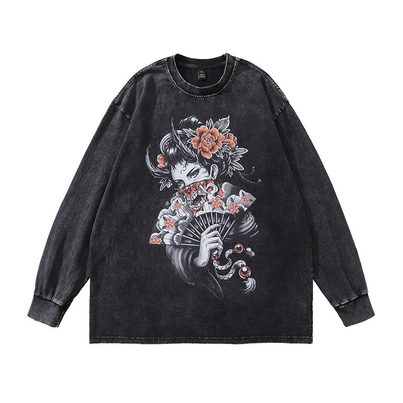 Men Long Sleeve Shirt Ukiyo-E Vintage Long Sleeve T-shirt Men and Women Oversize Washed Distressed
