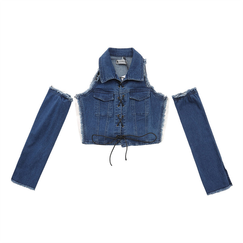 Women Vest Washed and Worn Stitching Edging Pocket Short Top