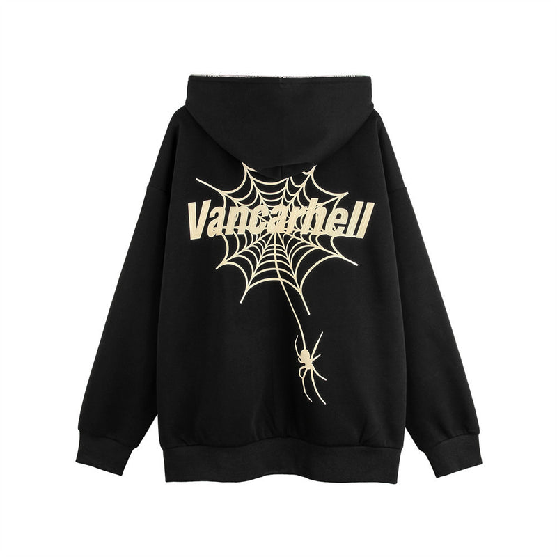 Men Hoodie Hooded Coat with Masked Zipper Men's Spider Web Puff Print Cardigan Sweater