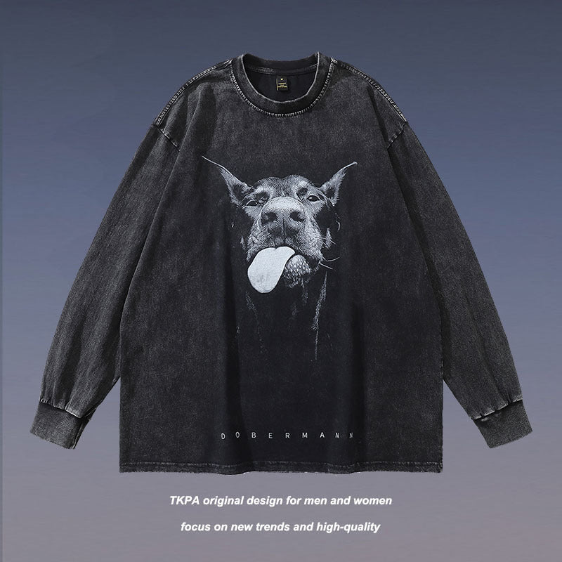 Men Long Sleeve Shirt Doberman Pinscher Printed Washed Long Sleeve T-shirt for Men and Women