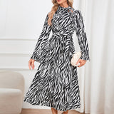 Jungle Print Maxi Dress Stand Collar Thin Band Dress Leopard Print