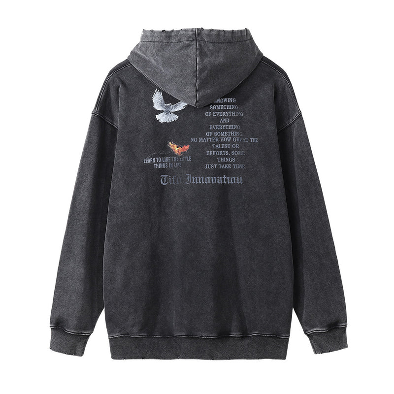 Men Hoodie Peace Dove Printed Washed Distressed Hooded Sweaters Menswear