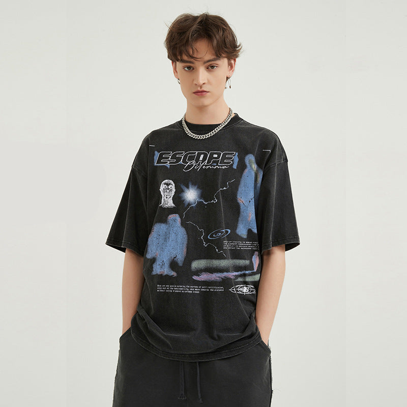 Hip Hop 2024 Washed Black T-Shirt Streetwear Vintage
