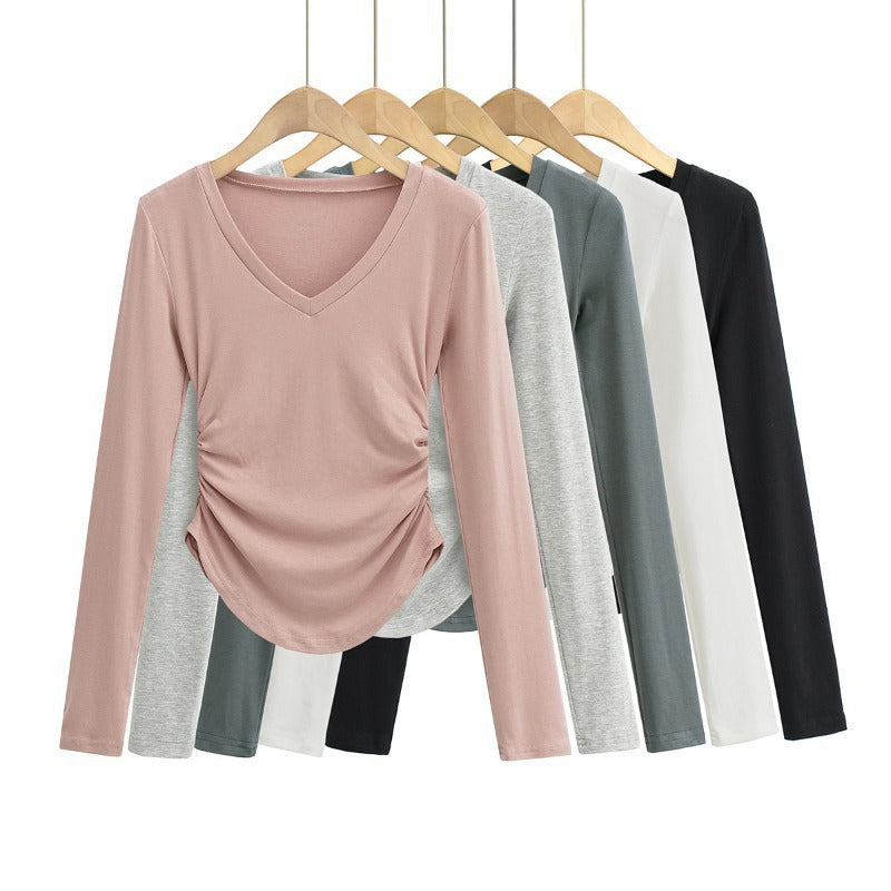 Women T-Shirt Spring and Autumn Women's Slim V-neck Long-Sleeved T-shirt