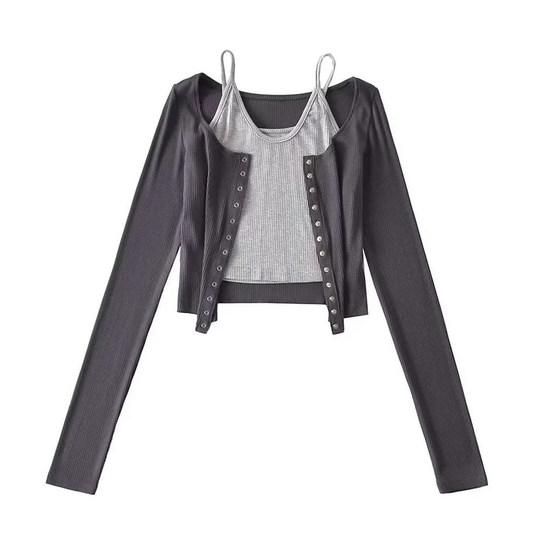 Women T-shirt Fall V-neck Slim Fit Short Small Sling Cardigan Suit