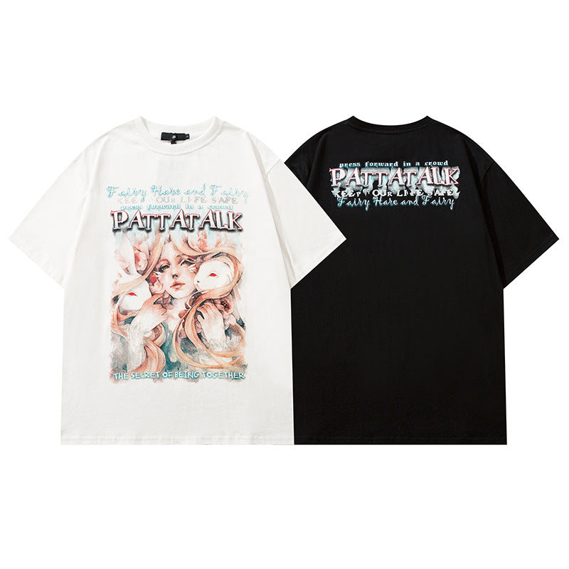 Men T Shirt Anime Print Short Sleeve T-shirt Vintage Loose Couple