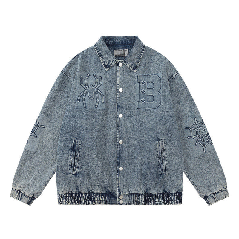 Men Denim Jacket Men's Loose Autumn and Winter Washed Distressed Jacket