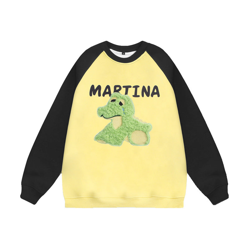 Men Hoodie Cartoon Flocking Embroidered Raglan Sleeve round Neck Sweater