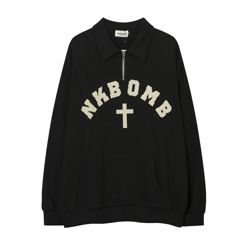 Men Hoodie Printed Sweater for Boys Spring and Autumn Half Zipper Casual
