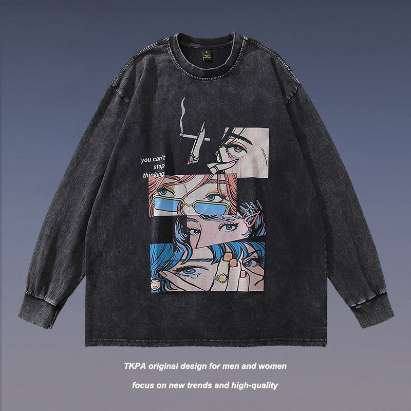 Men Long Sleeve Shirt Cartoon Printed Washed and Worn Long Sleeve T-shirt Men and Women Hiphop Loose