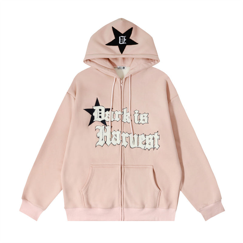 Men Fleece Lined Hoodie Embroidered Letter Hooded Sweaters Menswear Loose Street Coat