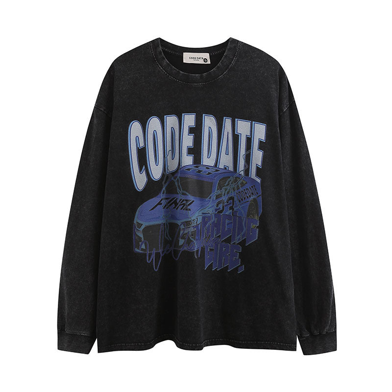 Men Long Sleeve Shirt Vintage Printed Washed Long Sleeve Bottoming T-shirt Men and Women Retro Loose