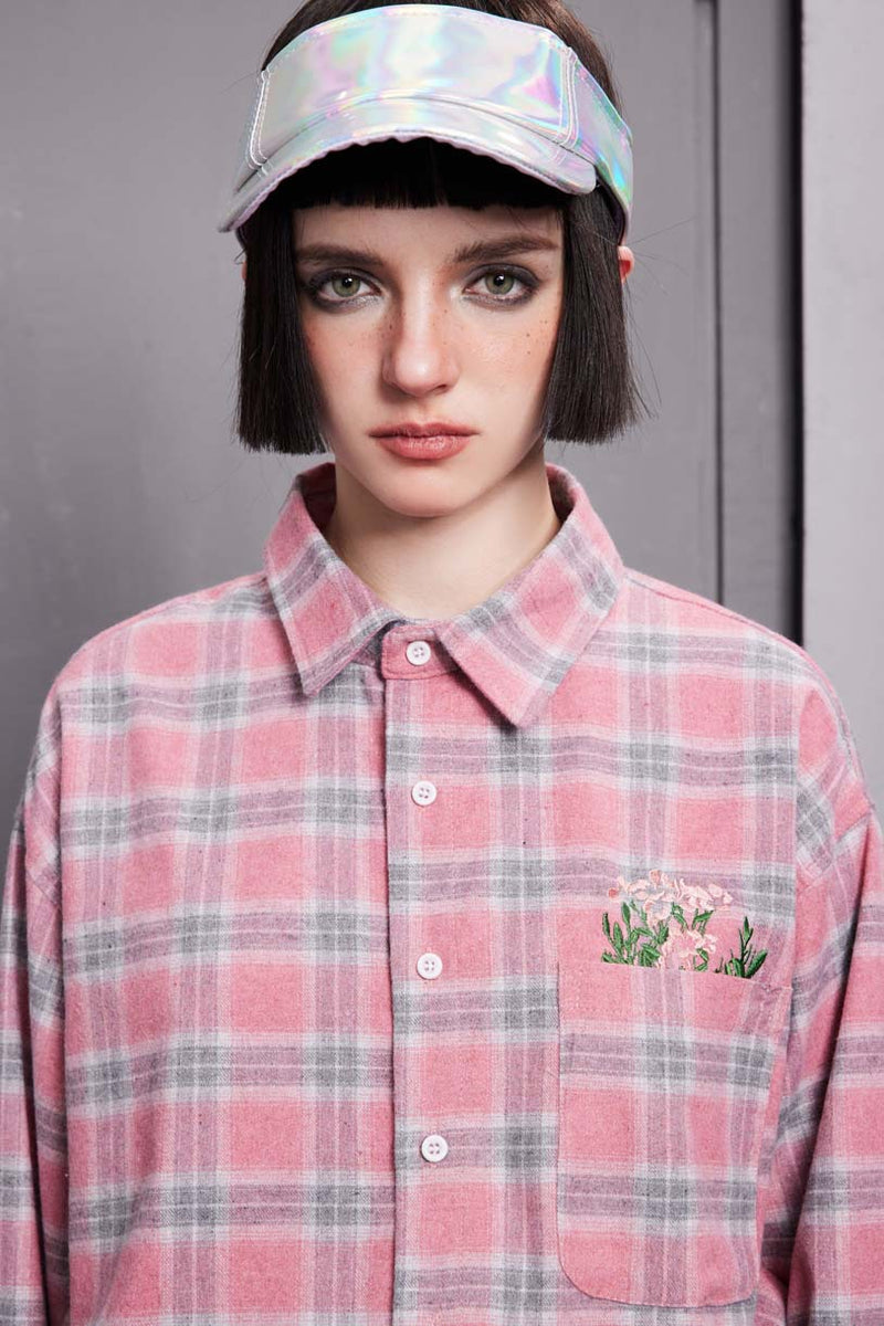 Unisex Jacket Autumn Plaid Embroidery Long Shirt