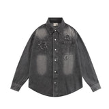 Men Long Sleeve T Shirt Washed and Worn Denim Shirt Jacket Spring and Autumn Men's Embroidery Loose Long Sleeve Shirt