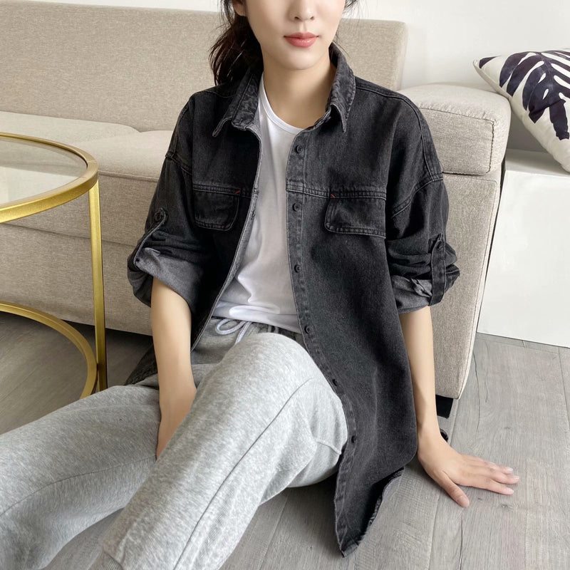 Women T-shirt Denim Shirt Women's Autumn Loose All-Matching Long Sleeve