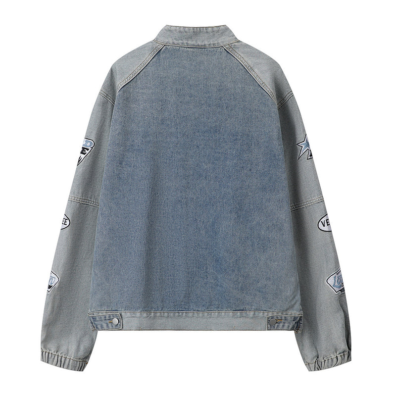 Men Denim Jacket Men's Stitching Embroidered Letters Washed and Worn Denim Jacket