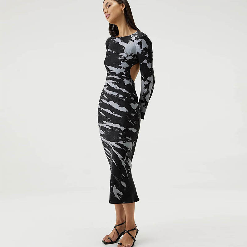 Women Desses Printed Dress Slim Fit round Neck Long Sleeves Hip Skirt