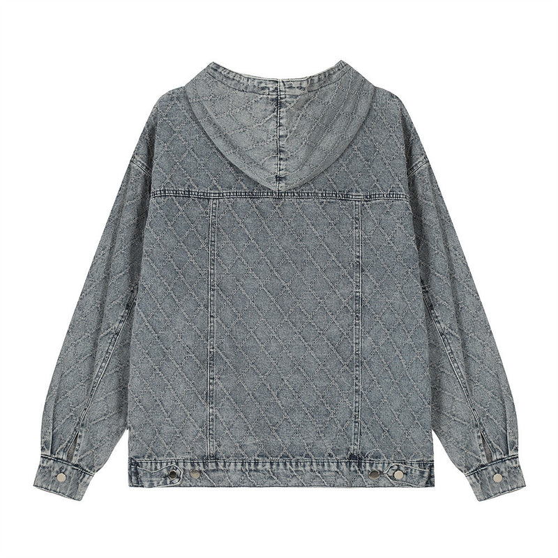 Men Denim Jacket Washed Do the Old Cowboy Sweatshirt Plaid Stitching Design Hooded Pullover