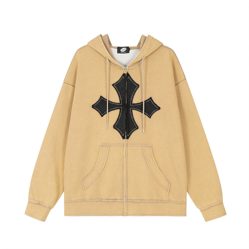 Men Hoodie Cross Paste Cloth Embroidery Hooded Jacket
