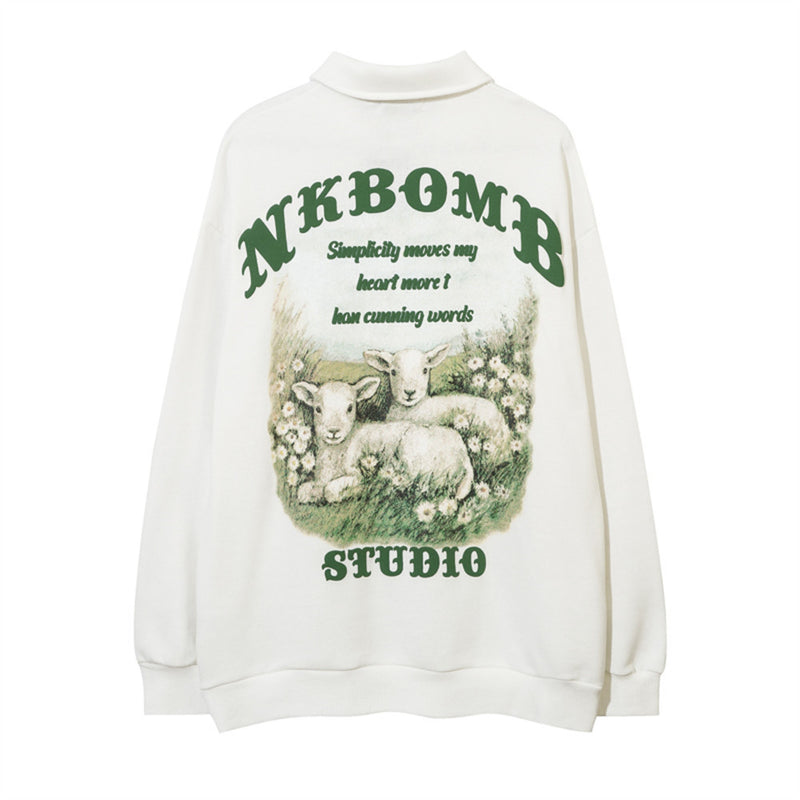 Men Hoodie Sheep Printing Lapel Sweater Boys Spring and Autumn Half Zipper Polo Shirt
