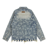 Men Denim Jacket Lightning Printed Jacket Coat Washed Distressed Denim Jacket