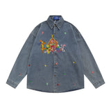 Men Long Sleeved T Shirt Cartoon Embroidered Washed Denim Shirt Coat Spring and Autumn Loose Long Sleeve Shirt