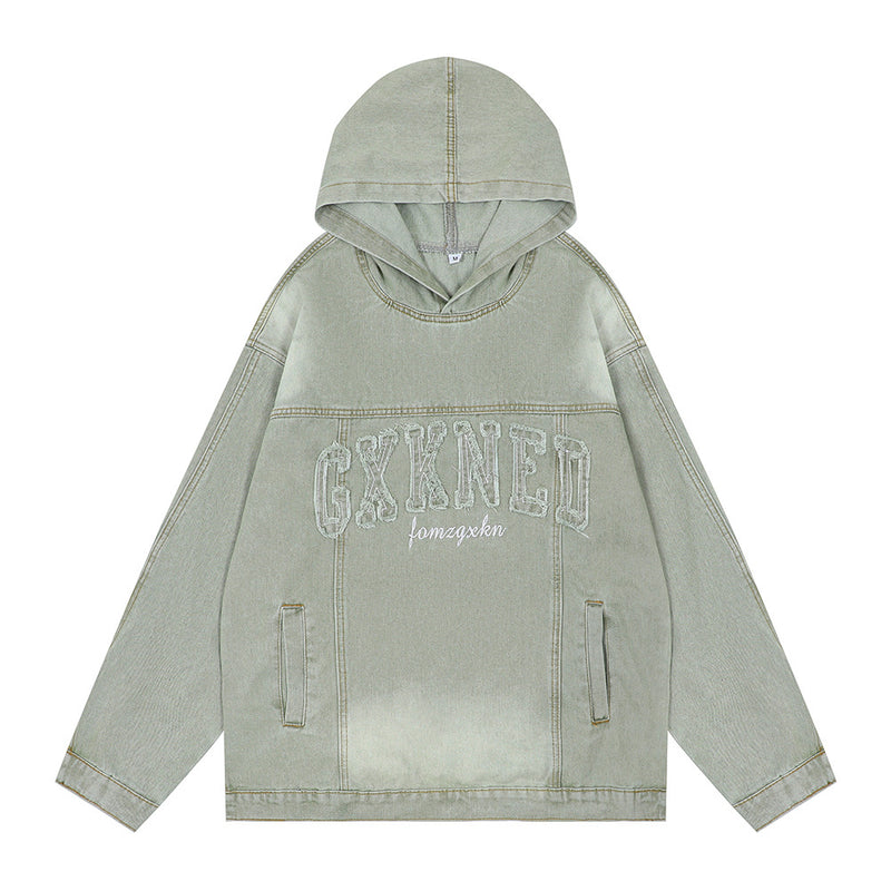 Men Denim Jacket Washed and Worn Hooded Denim Jacket Men's Loose Spring and Autumn Denim Sweatshirt
