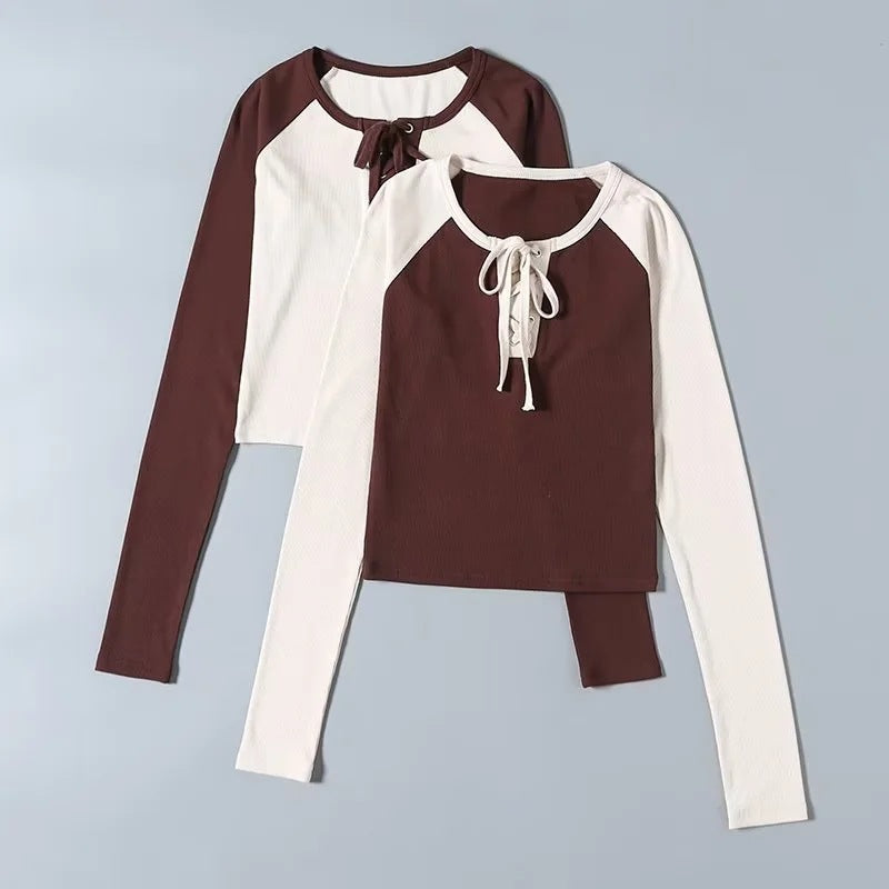 Women T-Shirt Tight T-shirt Women's Autumn Contrast Color Raglan Sleeve Bottoming Shirt